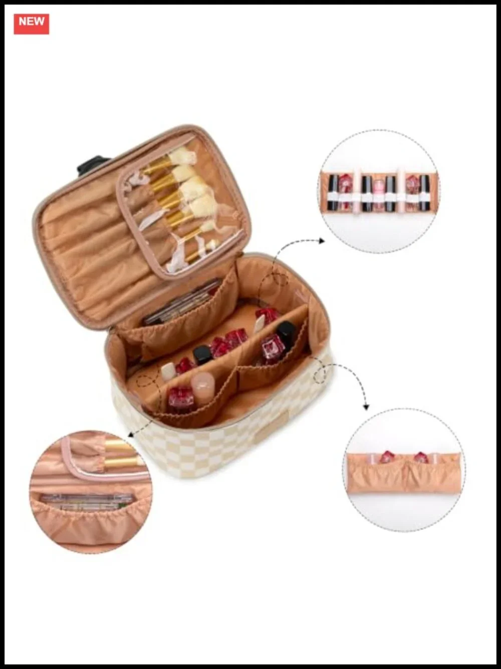 Faux Leather Travel Makeup Bag Set with Brush Holder, Large Toiletry Organizer,